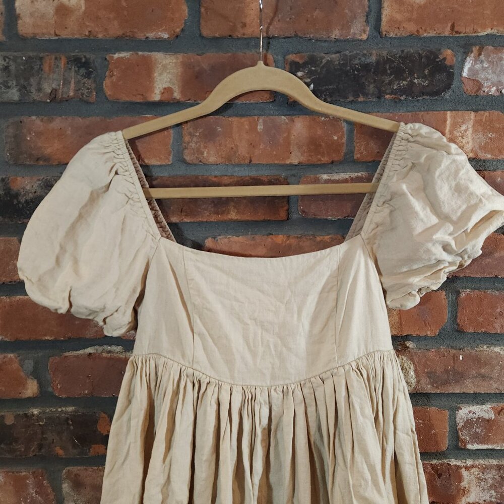 Mable Marlowe Tan Puff Sleeve Mini Peasant Babydoll Dress Cottagecore Women's S - Picture 6 of 9